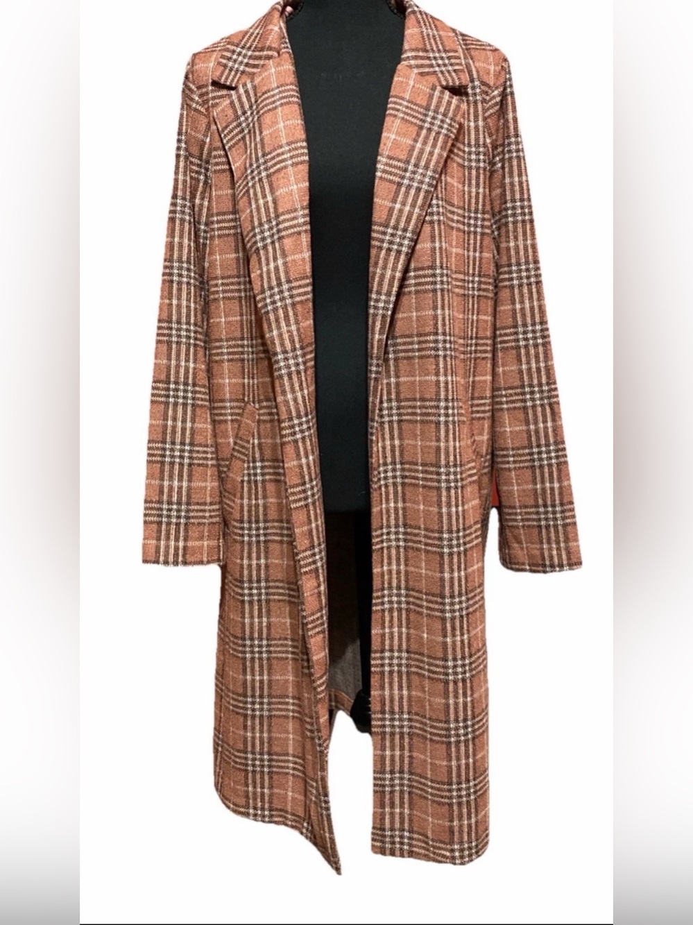 MELLODAY Brown Peach Plaid Long Trench Coat